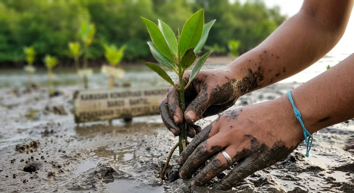 Hands in the mud, mangrove seedlings